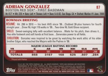 2011 Bowman - Gold #87 Adrian Gonzalez Back