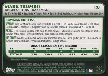 2011 Bowman - Gold #193 Mark Trumbo Back