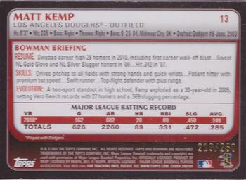 2011 Bowman - Orange #13 Matt Kemp Back