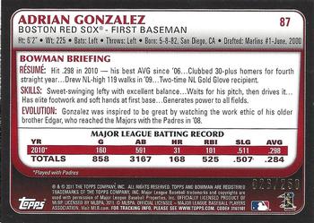 2011 Bowman - Orange #87 Adrian Gonzalez Back