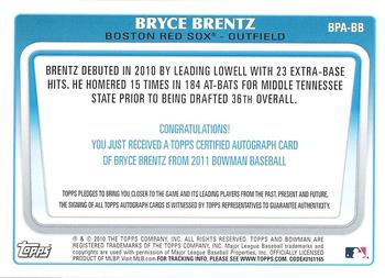 2011 Bowman - Prospect Autographs #BPA-BB Bryce Brentz Back
