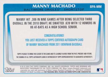 2011 Bowman - Prospect Autographs #BPA-MM Manny Machado Back
