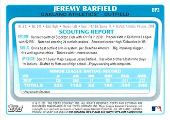 2011 Bowman - Prospects #BP3 Jeremy Barfield Back