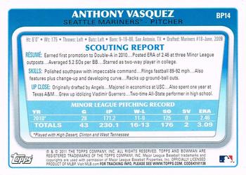 2011 Bowman - Prospects #BP14 Anthony Vasquez Back