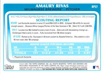 2011 Bowman - Prospects #BP27 Amaury Rivas Back