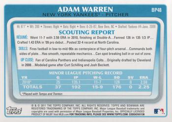 2011 Bowman - Prospects #BP48 Adam Warren Back