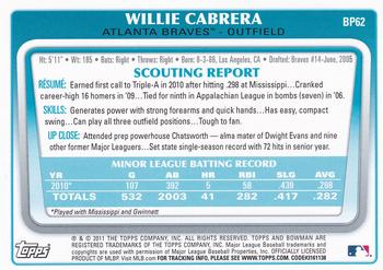 2011 Bowman - Prospects #BP62 Willie Cabrera Back