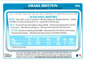 2011 Bowman - Prospects #BP94 Drake Britton Back