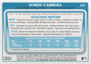 2011 Bowman - Prospects #BP97 Yordy Cabrera Back