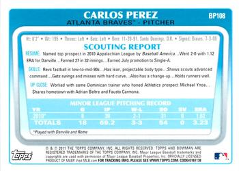 2011 Bowman - Prospects #BP108 Carlos Perez Back