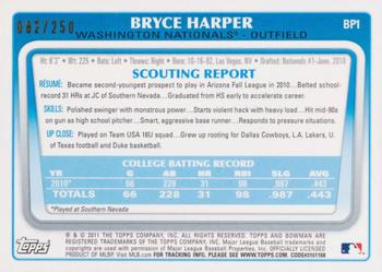 2011 Bowman - Prospects Blue #BP1 Bryce Harper Back