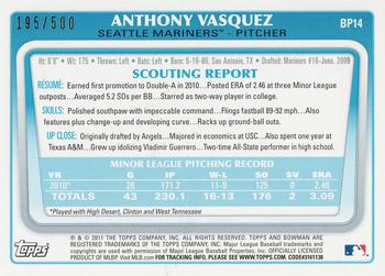 2011 Bowman - Prospects Blue #BP14 Anthony Vasquez Back