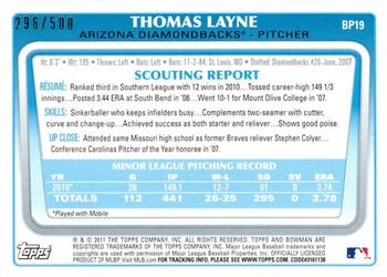 2011 Bowman - Prospects Blue #BP19 Thomas Layne Back