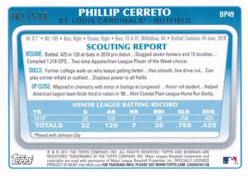 2011 Bowman - Prospects Blue #BP49 Phillip Cerreto Back
