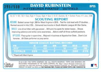2011 Bowman - Prospects Blue #BP55 David Rubinstein Back