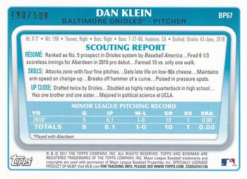2011 Bowman - Prospects Blue #BP67 Dan Klein Back