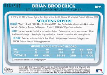 2011 Bowman - Prospects Blue #BP75 Brian Broderick Back