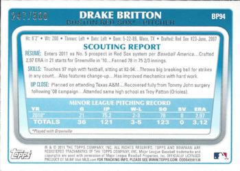 2011 Bowman - Prospects Blue #BP94 Drake Britton Back
