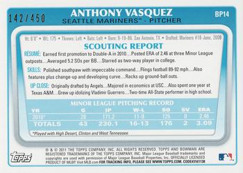 2011 Bowman - Prospects Green #BP14 Anthony Vasquez Back