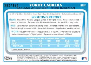 2011 Bowman - Prospects Green #BP97 Yordy Cabrera Back