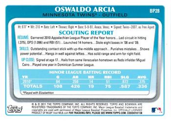 2011 Bowman - Prospects International #BP28 Oswaldo Arcia Back