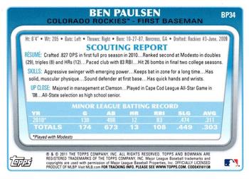 2011 Bowman - Prospects International #BP34 Ben Paulsen Back