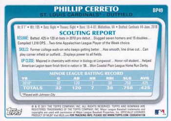 2011 Bowman - Prospects International #BP49 Phillip Cerreto Back