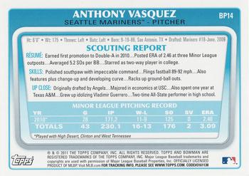 2011 Bowman - Prospects Purple #BP14 Anthony Vasquez Back