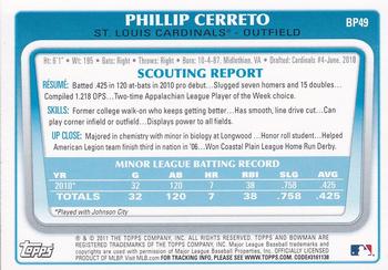 2011 Bowman - Prospects Purple #BP49 Phillip Cerreto Back