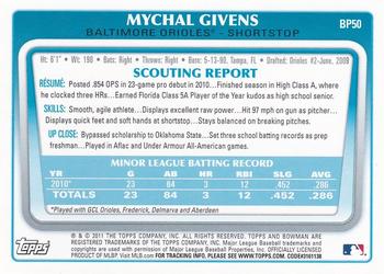 2011 Bowman - Prospects Purple #BP50 Mychal Givens Back