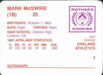 1987 Mother's Cookies Mark McGwire #1 Mark McGwire Back