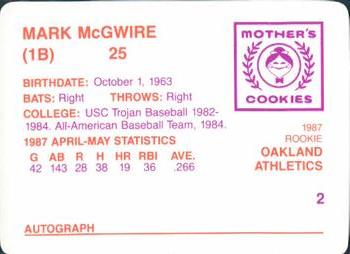 1987 Mother's Cookies Mark McGwire #2 Mark McGwire Back
