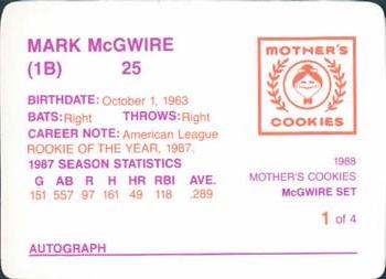 1988 Mother's Cookies Mark McGwire #1 Mark McGwire Back