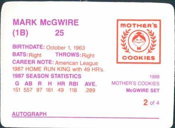 1988 Mother's Cookies Mark McGwire #2 Mark McGwire Back