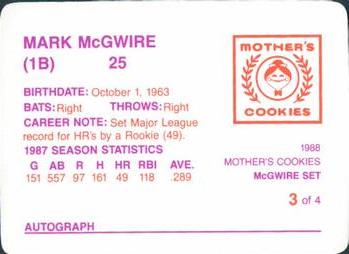 1988 Mother's Cookies Mark McGwire #3 Mark McGwire Back