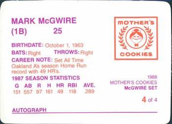 1988 Mother's Cookies Mark McGwire #4 Mark McGwire Back