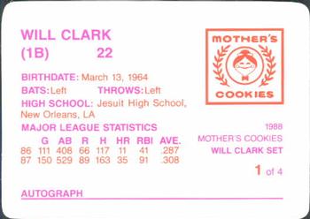 1988 Mother's Cookies Will Clark #1 Will Clark Back
