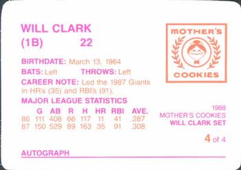 1988 Mother's Cookies Will Clark #4 Will Clark Back