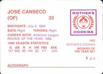 1989 Mother's Cookies Rookies of the Year #1 Jose Canseco Back