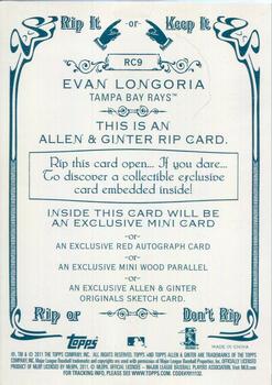 2011 Topps Allen & Ginter - Rip Cards #RC9 Evan Longoria Back