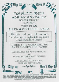 2011 Topps Allen & Ginter - Rip Cards #RC10 Adrian Gonzalez Back