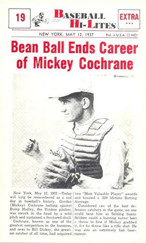 1960 Nu-Cards Baseball Hi-Lites #19 Bean Ball Ends Career of Mickey Cochrane Front