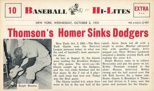 1960 Nu-Cards Baseball Hi-Lites #10 Thomson's Homer Sinks Dodgers Front