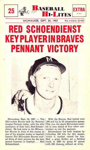 1960 Nu-Cards Baseball Hi-Lites #25 Red Schoendienst Key Player In Braves Pennant Victory Front