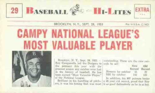 1960 Nu-Cards Baseball Hi-Lites #29 Campy National League's Most Valuable Player Front