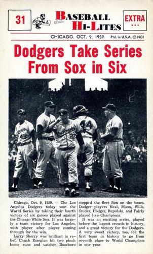 1960 Nu-Cards Baseball Hi-Lites #31 Dodgers Take Series From Sox in Six Front