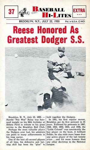 1960 Nu-Cards Baseball Hi-Lites #37 Reese Honored As Greatest Dodger S.S. Front
