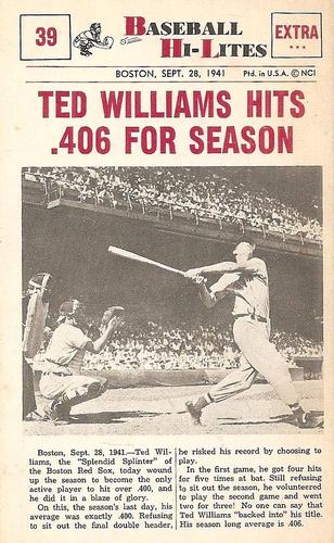 1960 Nu-Cards Baseball Hi-Lites #39 Ted Williams Hits .406 For Season Front