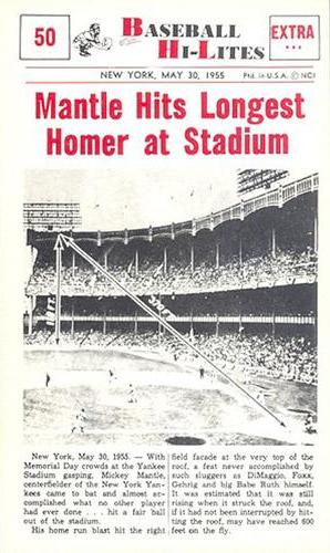 1960 Nu-Cards Baseball Hi-Lites #50 Mantle Hits Longest Homer at Stadium Front