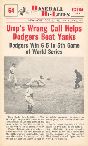 1960 Nu-Cards Baseball Hi-Lites #64 Ump's Wrong Call Helps Dodgers Beat Yanks Front